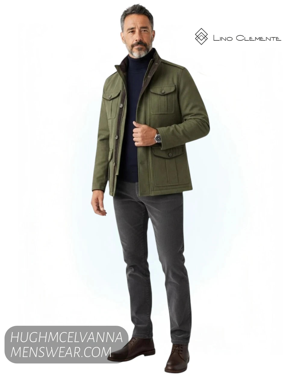 Full length model view wearing Lino Clemente green cord-trim jacket over navy roll neck with charcoal trousers