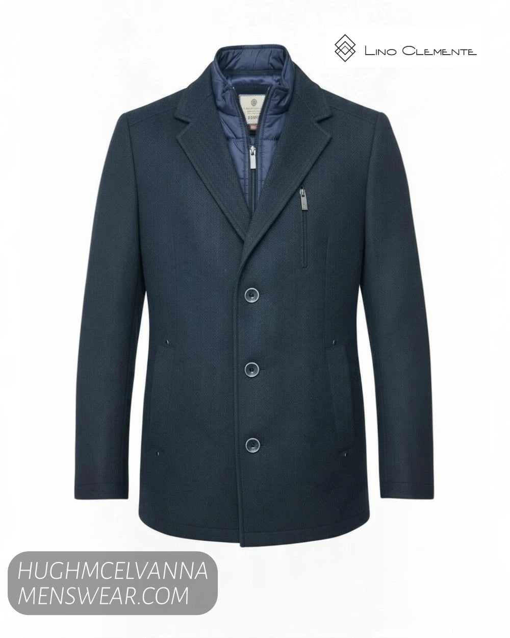 Studio ghost mannequin display of Lino Clemente SAKAI navy herringbone 2-in-1 car coat showing buttons and chest zip pocket