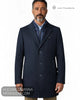 Close up front view of model wearing Lino Clemente SAKAI navy car coat showing quilted zip insert and lapels