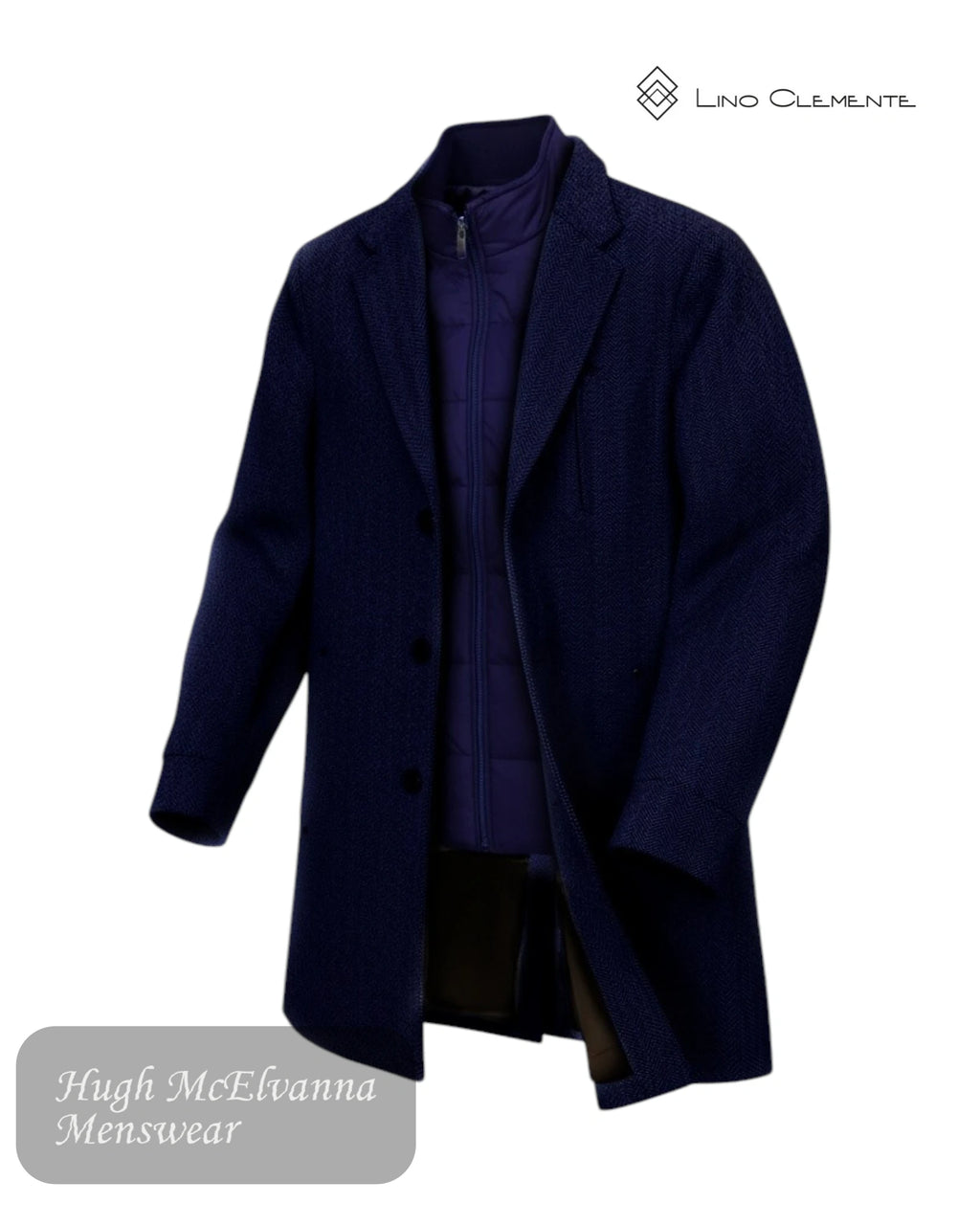 A men's short navy blue textured overcoat styled with a blue zippered puffer vest removable insert.