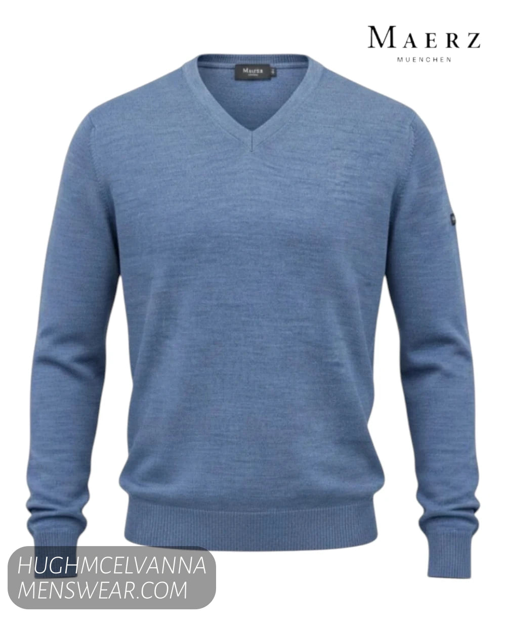 Studio ghost view of Maerz 490400 blue 378 extra fine merino wool V neck pullover