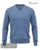 Studio ghost view of Maerz 490400 blue 378 extra fine merino wool V neck pullover