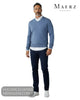 Full length model view wearing Maerz 490400 blue merino wool V neck jumper with white shirt and navy chinos