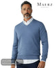 Model close up view wearing Maerz blue merino wool fine knit V neck sweater 490400
