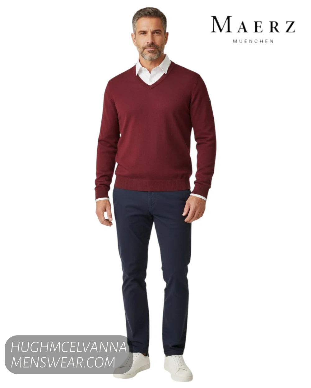 Full length model view wearing Maerz 490400 wine merino wool V neck jumper with white shirt and navy chinos