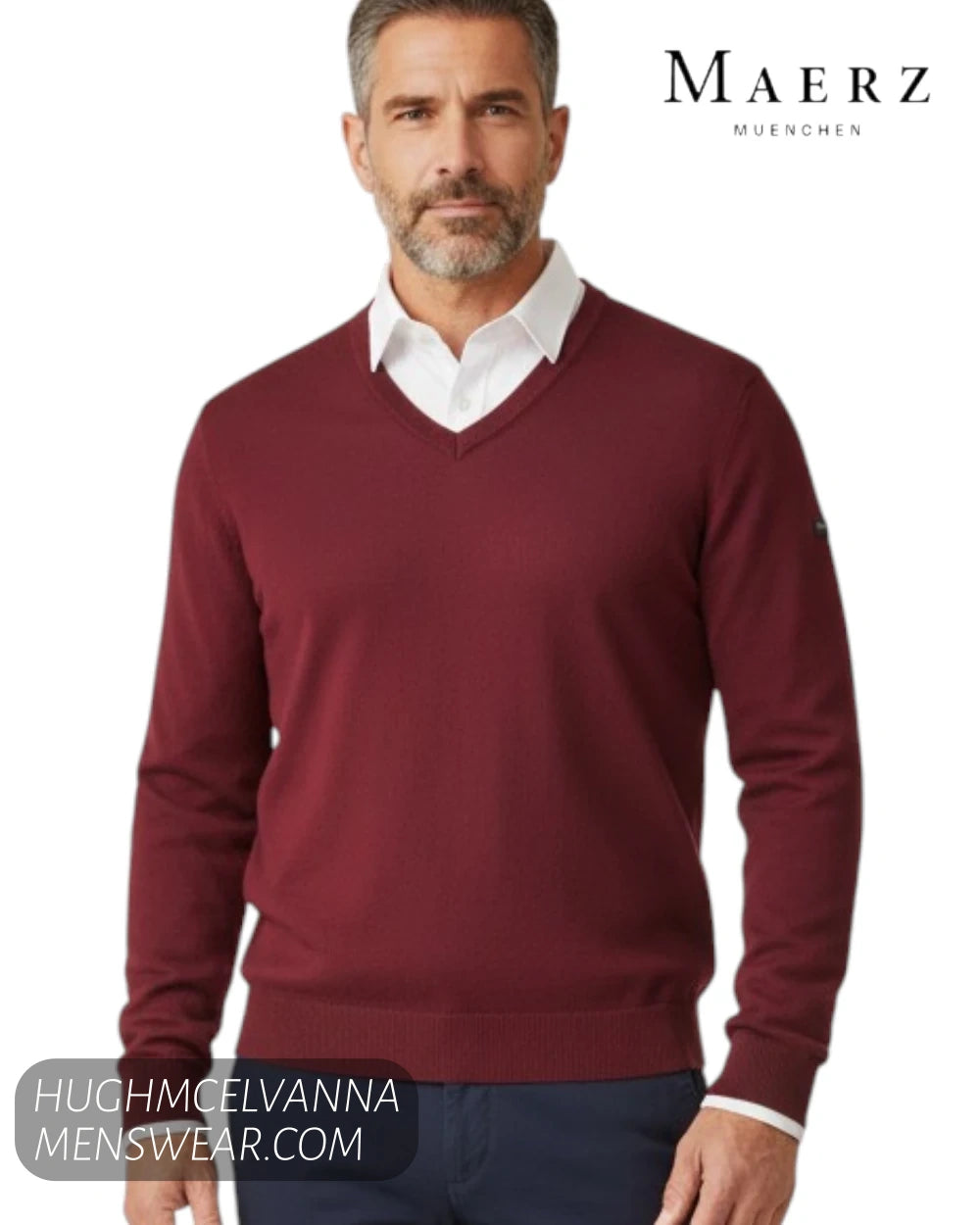 Model close up view wearing Maerz wine merino wool fine knit V neck sweater 490400