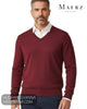 Model close up view wearing Maerz wine merino wool fine knit V neck sweater 490400