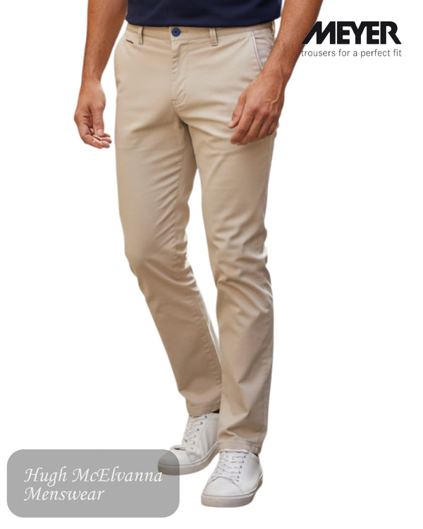 Fawn trousers worn by a person on a white background with 'Meyer' branding in style 3072/32