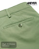 Close-up of green trousers with a button, featuring the brand 'Meyer' in style 3001/26