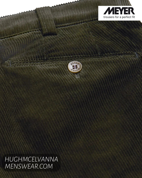 Close up view of rear welt pocket with engraved button on Meyer olive green corduroy cloth