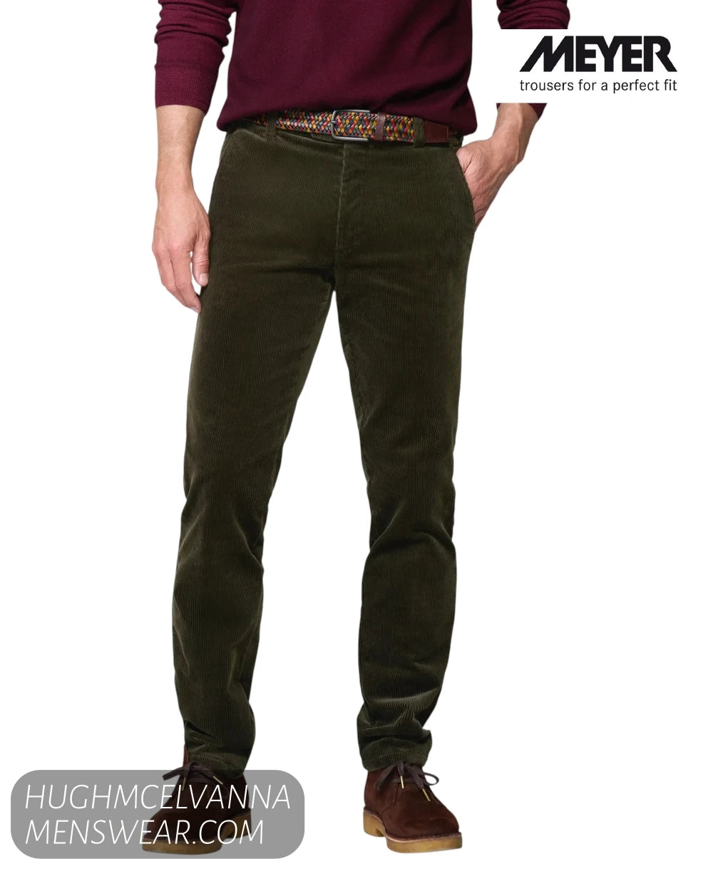 Front close up model view of Meyer Roma olive green cords showing neat leg silhouette and side pocket detail