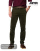 Front close up model view of Meyer Roma olive green cords showing neat leg silhouette and side pocket detail