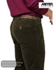 Side profile view of model wearing Meyer olive corduroy trousers with colourful braided belt