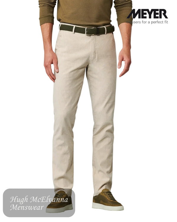 Beige Roma cotton and linen pants worn by a person on a white background with 'Meyer' branding in style 3020/32.