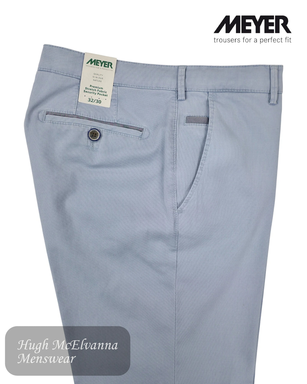 Limited Edition Meyer Roma 5080-12 Light Blue Chino detail showing the luxury button and contrast pocket trim, style Roma 5080/12 