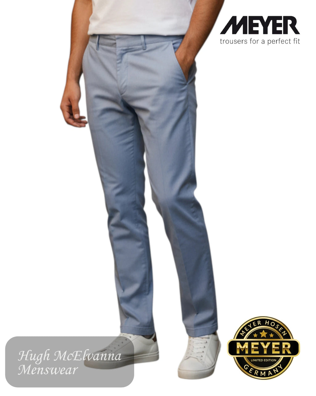 Front view of Meyer Roma light blue trousers for men 5080/12, styled with white sneakers for a fresh summer look.