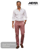 Man wearing a white shirt and red trousers with 'Meyer' branding.