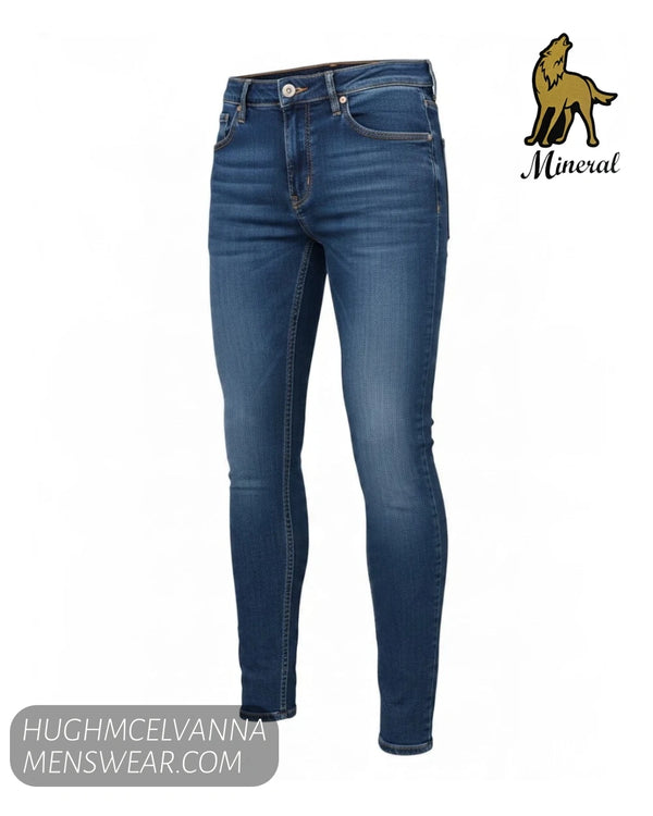 Side angle 3D mannequin view of Mineral ANDRES slim fit stretch denim jeans showing wash detail