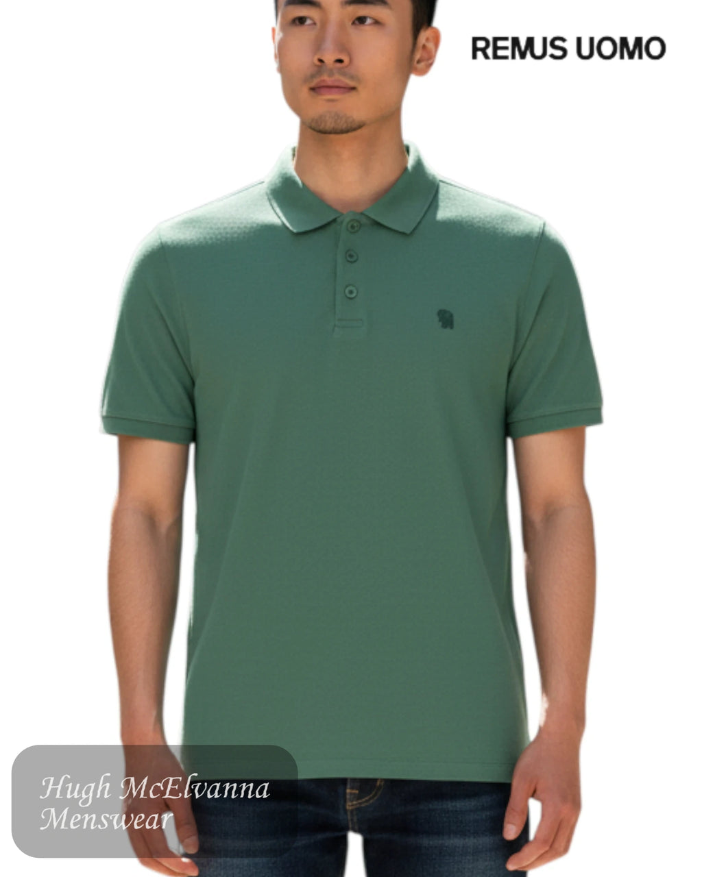 Front view of Remus Uomo green short sleeve polo shirt featuring a classic collar and embroidered designer logo.