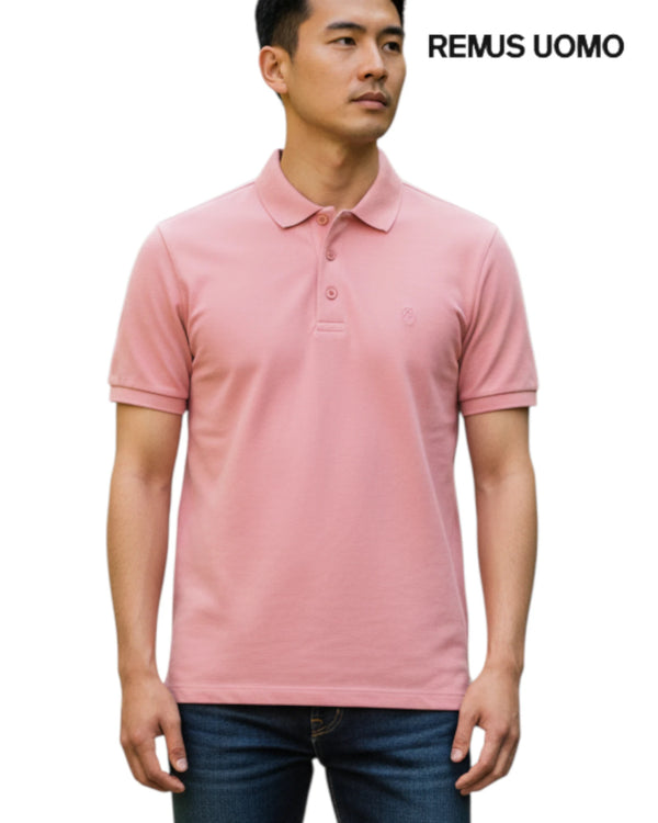 Remus Uomo pink short sleeve polo shirt with a tailored fit, classic three-button placket, and tonal chest embroidery.