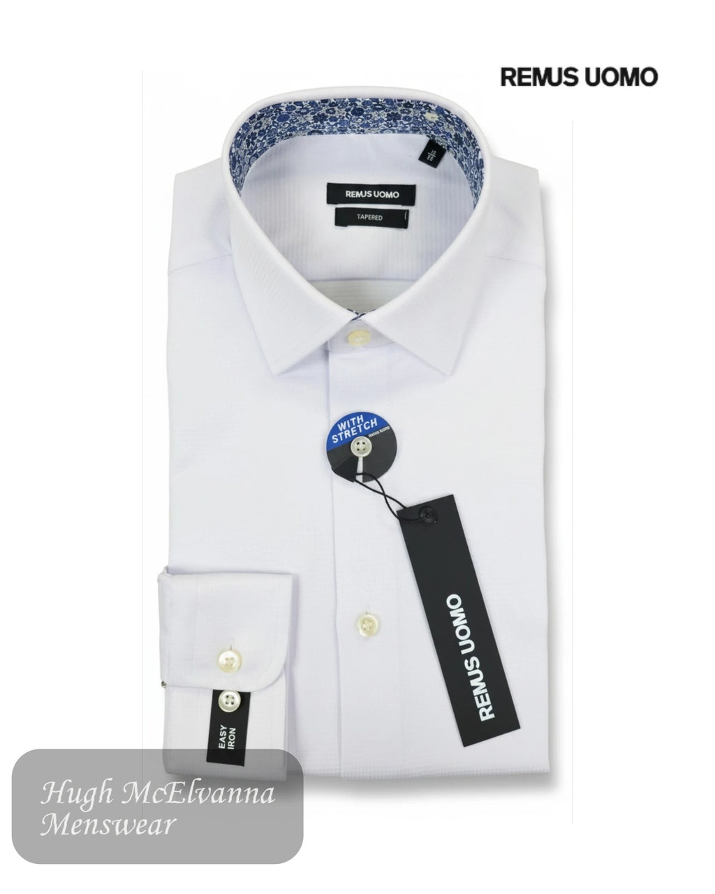 White dress shirt with floral trim collar and Remus Uomo branding on a white background