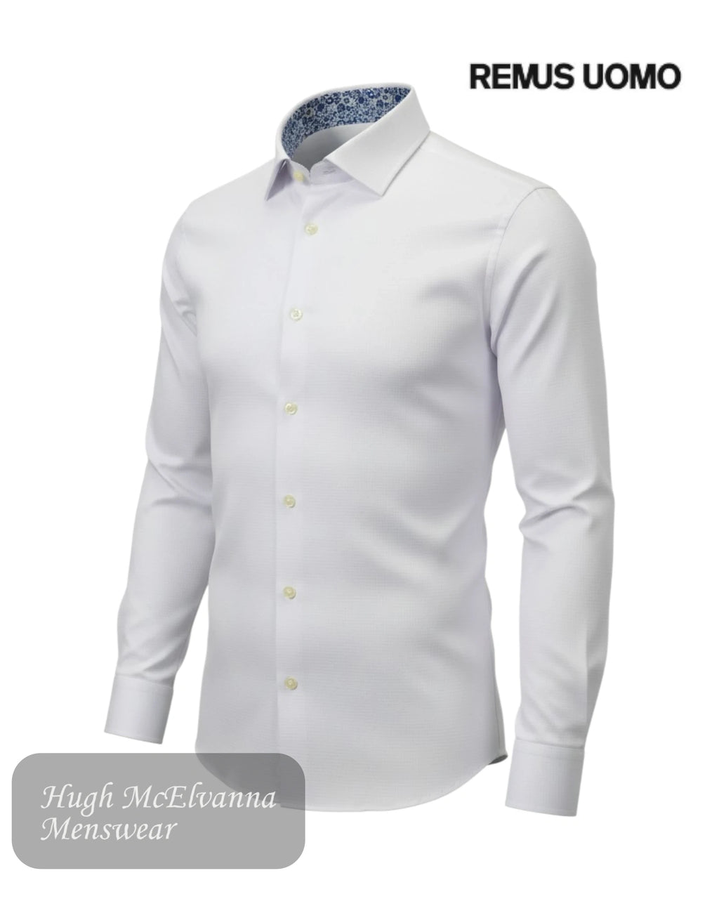 White dress shirt with a patterned collar on a white background, featuring the brand 'REMUS UOMO'.