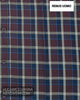 Close up detail of Remus Uomo 13580/67 shirt fabric showing burgundy, navy, and ecru check pattern with branded buttons