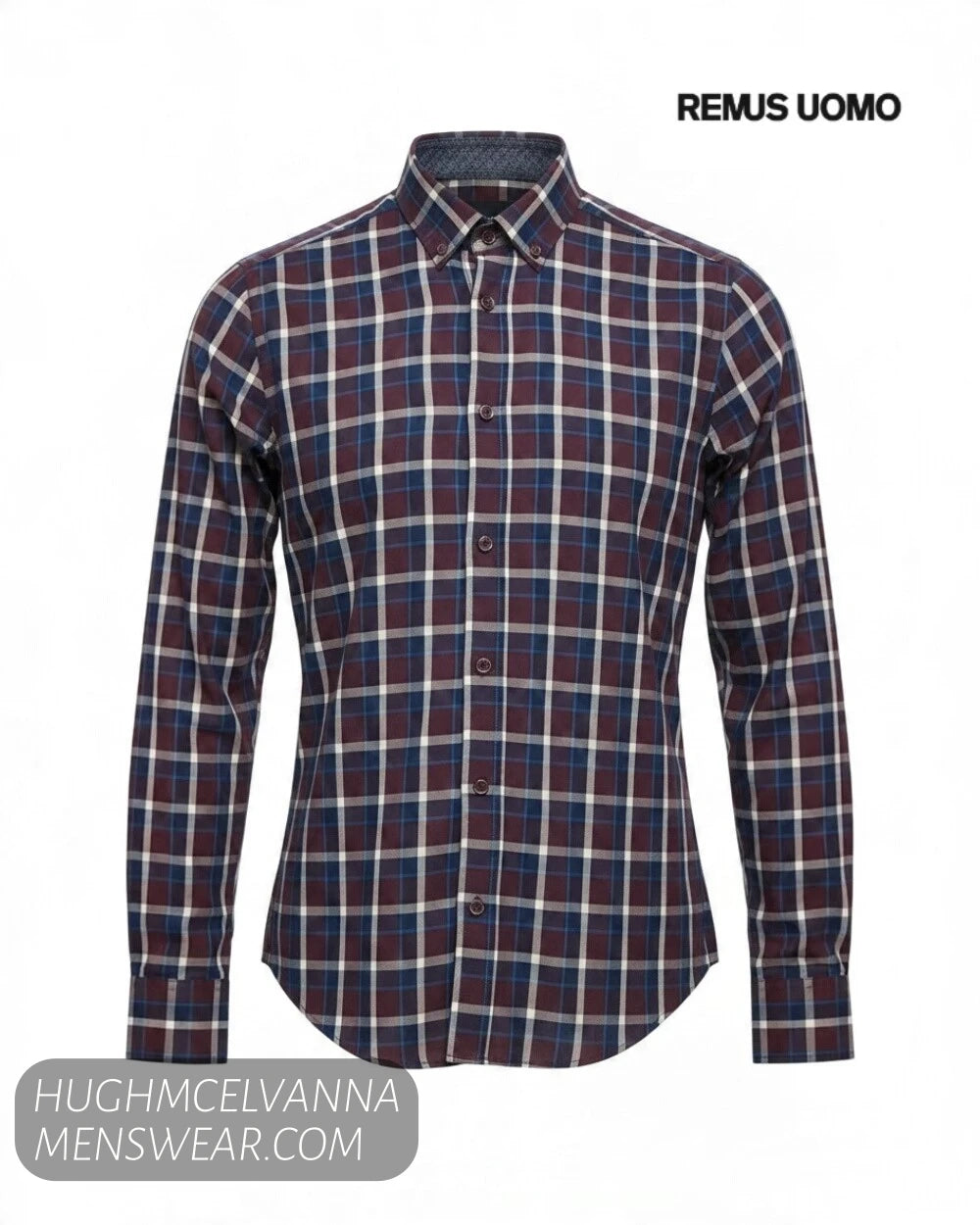 Ghost mannequin studio display of Remus Uomo 13580/67 long sleeve burgundy check shirt with button-down collar
