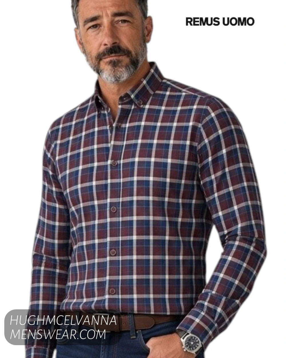 Front close up model view of Remus Uomo check shirt showing button-down collar and tailored slim fit