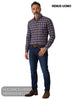 Full length model view wearing Remus Uomo slim fit check shirt tucked into dark blue jeans with brown belt and suede shoes