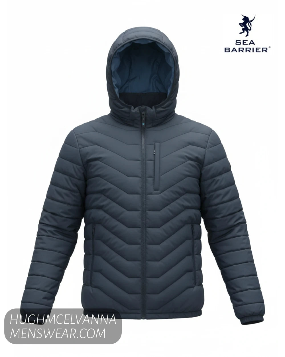 Front 3D ghost mannequin view of Sea Barrier FLORIANO navy quilted puffer jacket with hood attached