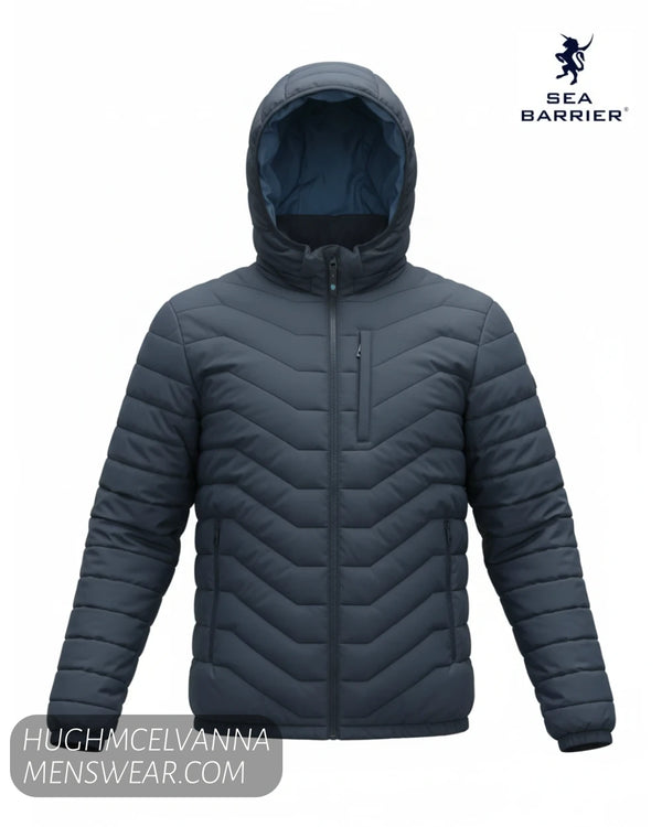 Front 3D ghost mannequin view of Sea Barrier FLORIANO navy quilted puffer jacket with hood attached