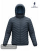 Front 3D ghost mannequin view of Sea Barrier FLORIANO navy quilted puffer jacket with hood attached