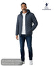 Full length model view wearing regular fit Sea Barrier FLORIANO navy jacket with blue jeans and white trainers