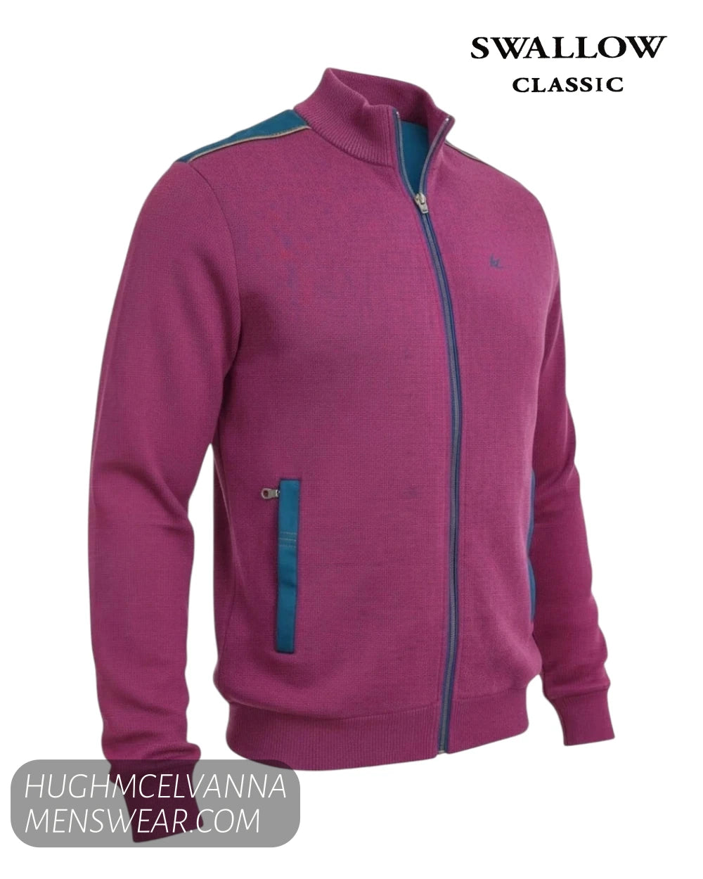 Studio ghost mannequin display of Swallow AW2600 Rhododendron pink knitwear jacket with teal shoulder trim and zip pockets
