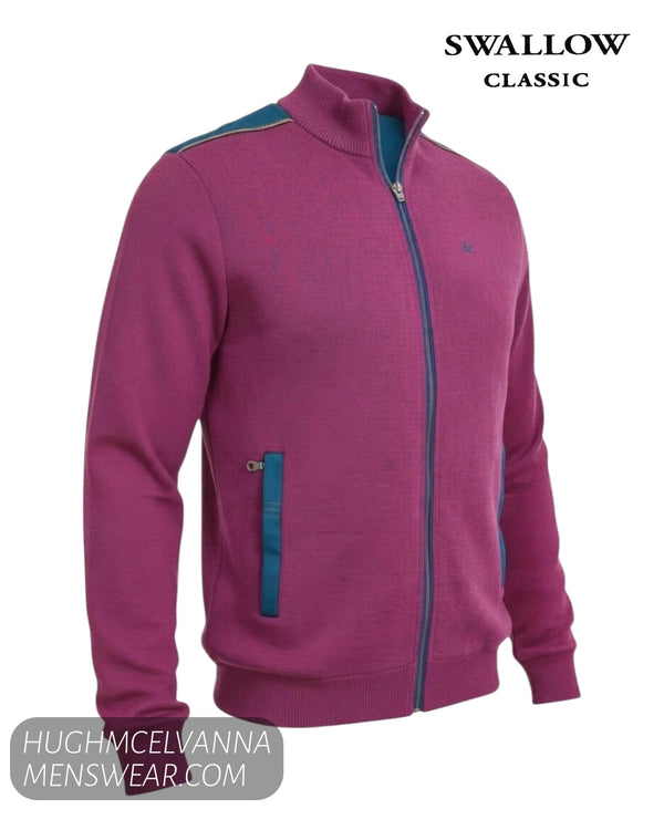 Studio ghost mannequin display of Swallow AW2600 Rhododendron pink knitwear jacket with teal shoulder trim and zip pockets