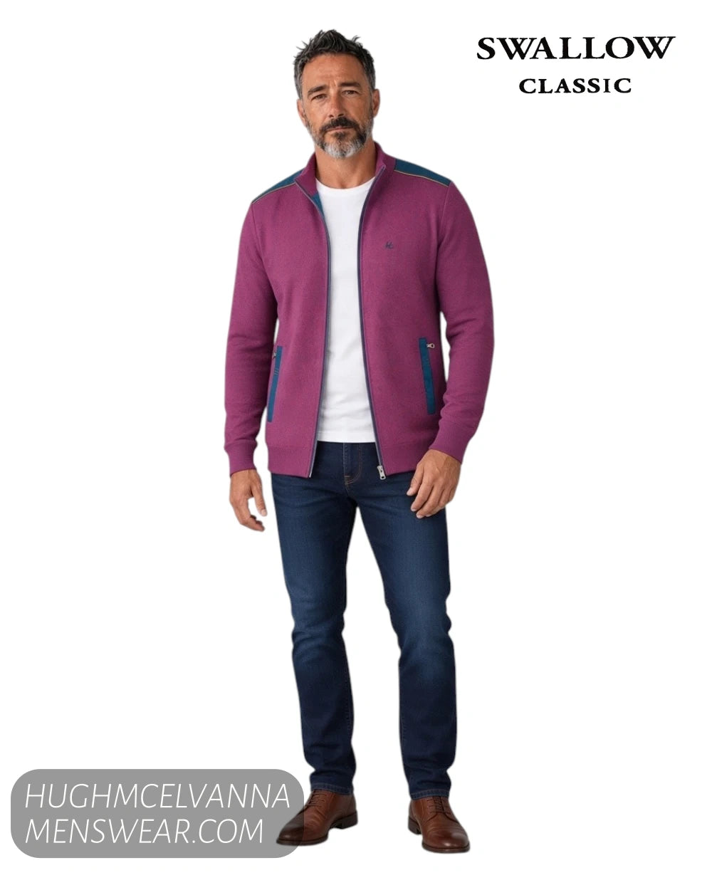 Full length model view wearing Swallow Rhododendron zip knit jacket with dark blue jeans and tan shoes