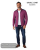 Full length model view wearing Swallow Rhododendron zip knit jacket with dark blue jeans and tan shoes
