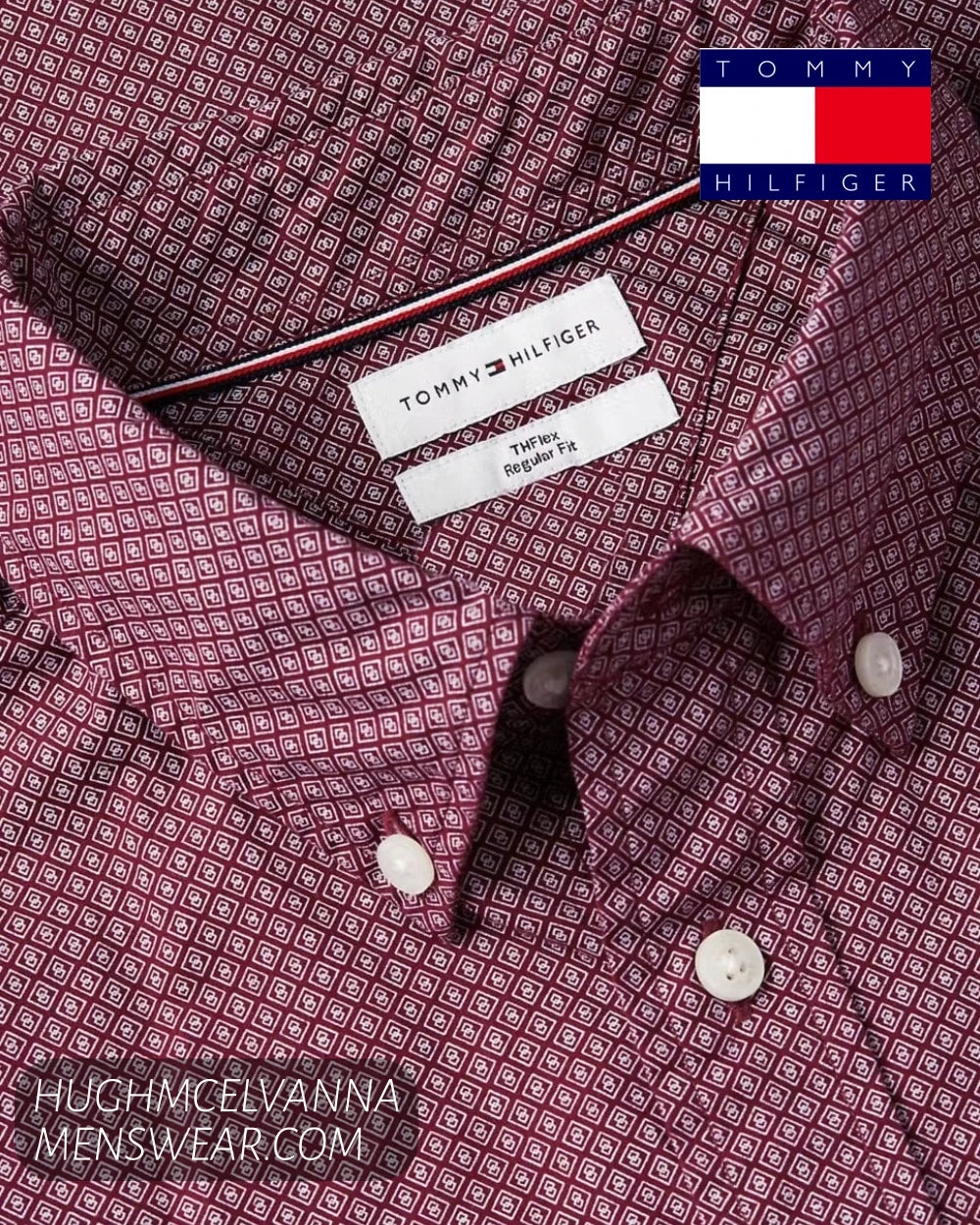 Close up collar detail on a Tommy Hilfiger MW0MW445800KP burgundy geometric print shirt showing button-down points and inside branded labeling
