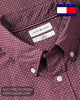 Close up collar detail on a Tommy Hilfiger MW0MW445800KP burgundy geometric print shirt showing button-down points and inside branded labeling