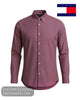 Studio ghost mannequin display of a Tommy Hilfiger burgundy and white geometric print button-down shirt on white background