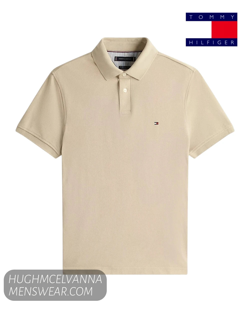 Flat lay studio view of Tommy Hilfiger 1985 Sandalwood beige organic cotton polo shirt MW0MW17770RBT