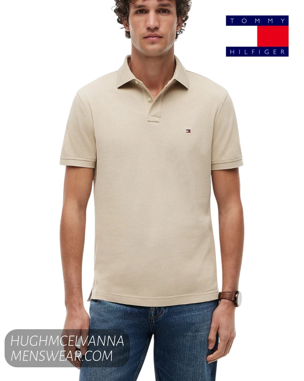 Front studio view of model wearing Tommy Hilfiger Sandalwood regular fit polo shirt