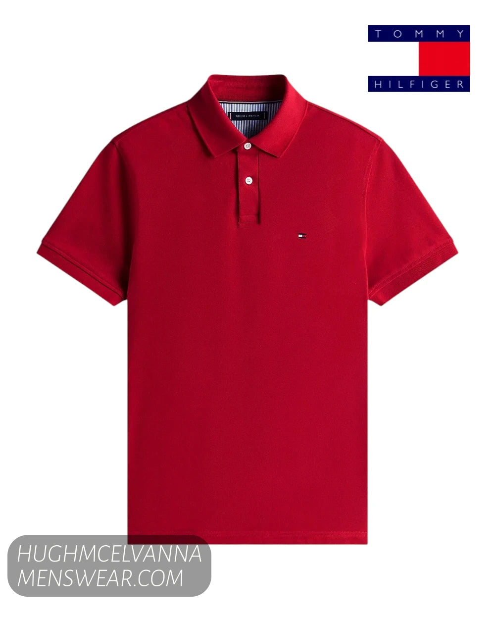 Flat lay studio view of Tommy Hilfiger 1985 Medium Red stretch pique polo shirt MW0MW17770XLD