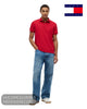 Full length model view wearing Tommy Hilfiger 1985 Medium Red polo shirt with blue jeans and white trainers