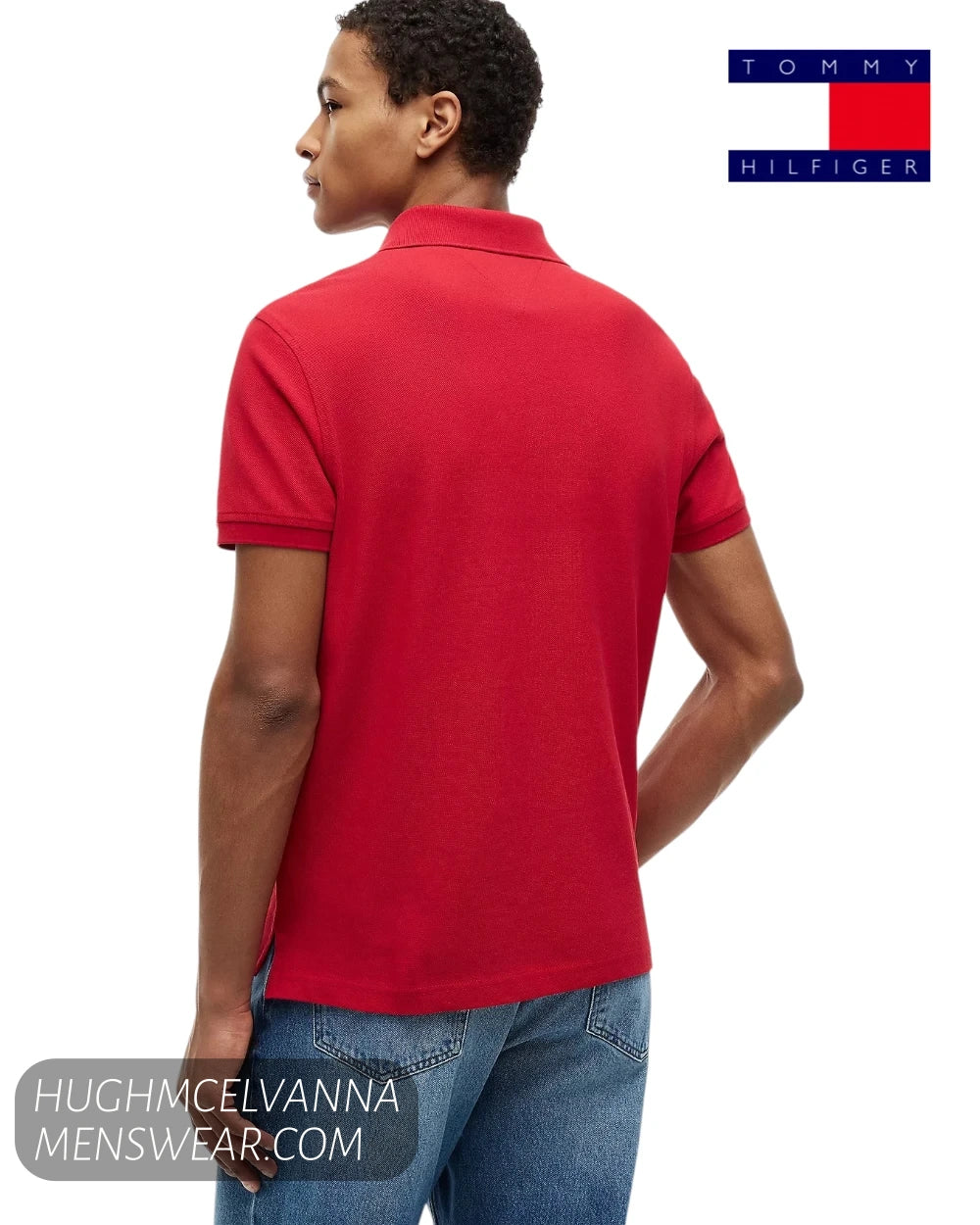 Rear view of model wearing Tommy Hilfiger 1985 Medium Red organic cotton polo shirt