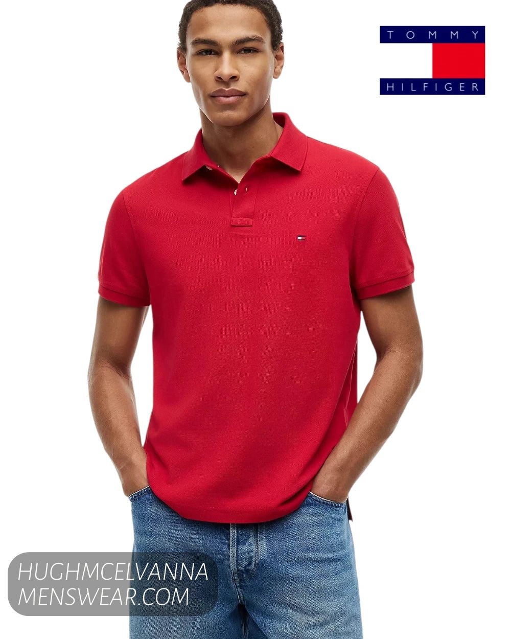 Front studio view of model wearing Tommy Hilfiger Medium Red regular fit polo shirt with hands in pockets
