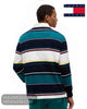 Rear view of male model wearing Tommy Jeans multi-colour striped cotton rugby shirt