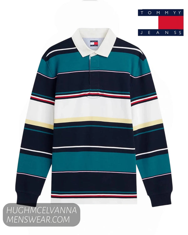Studio flat lay display of Tommy Jeans DM0DM23163C1G multi-stripe long sleeve rugby polo