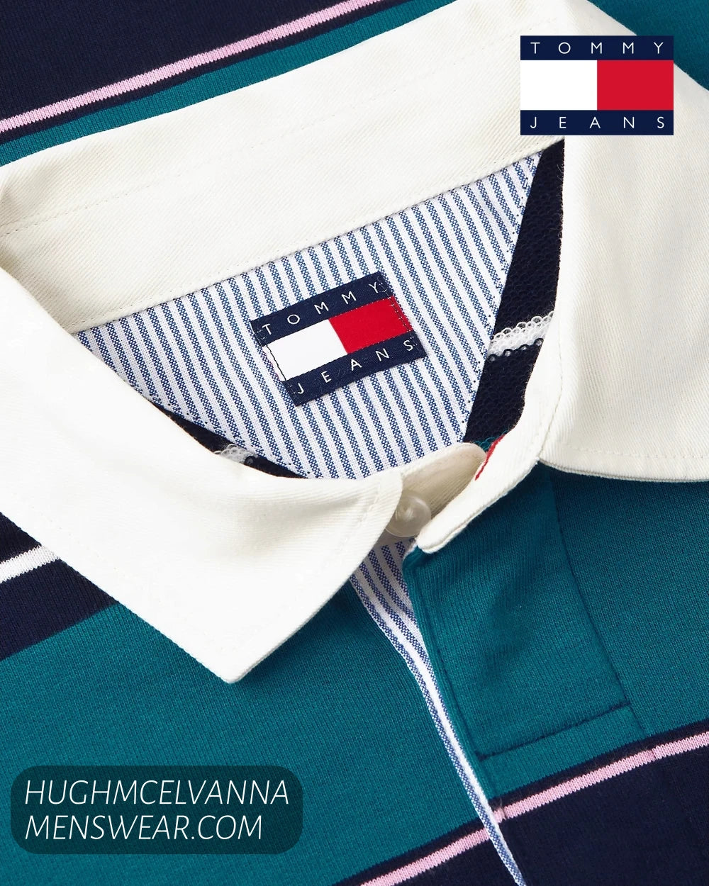Close up detail of Tommy Jeans white twill rugby collar, button placket, and pinstripe inner neckband